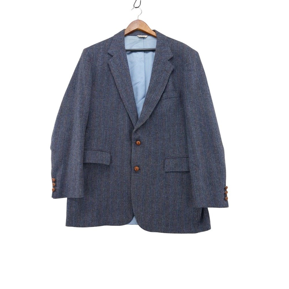 Vintage Wool Tweed Sport Coat Mens 44L Blue Brown Micro Check Two Button Blazer
